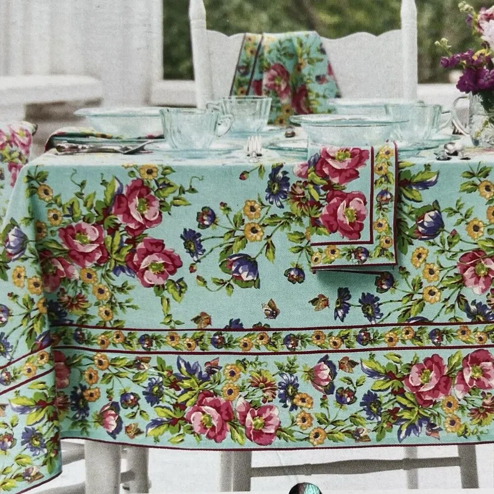 April Cornell Pennys Patio Table Runner Teal Pink Cotton 16x90 Butterfly Cottage